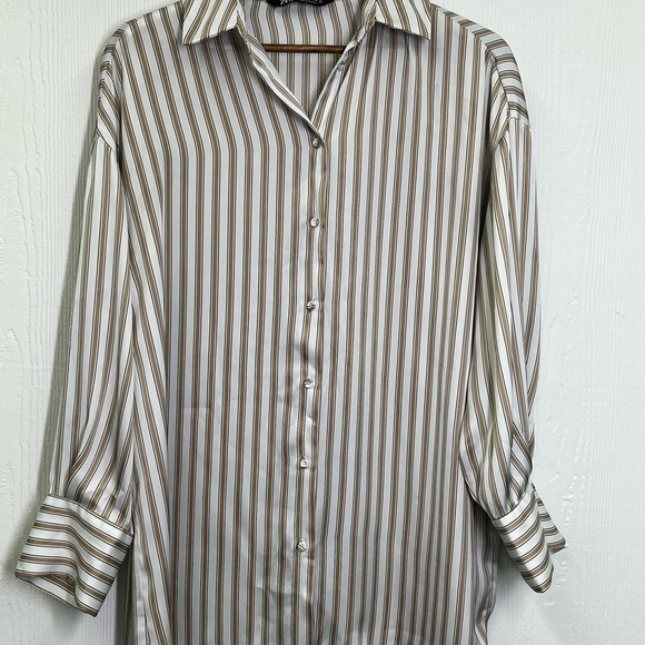 Zara - Tan And White Stripe Button Down Polyester Oversized Long Sleeve Shirt XS - Picture 12 of 14